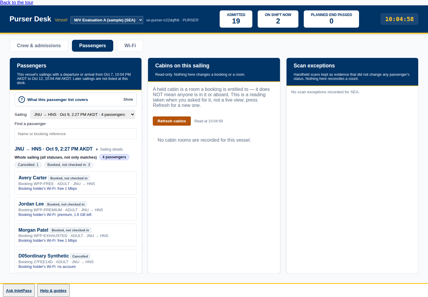 Purser passenger manifest and Wi-Fi status