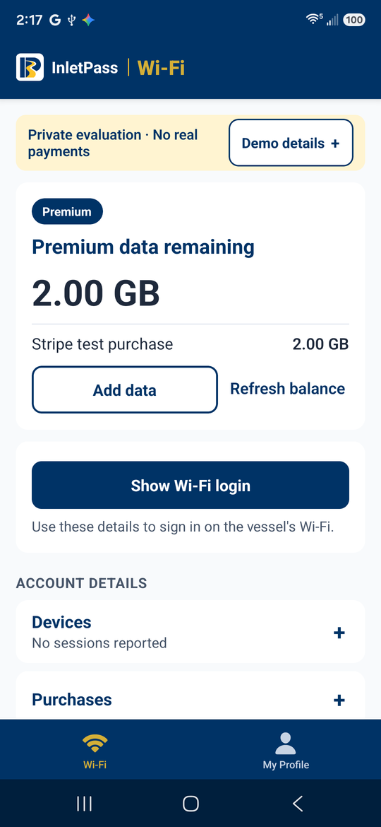 InletPass Android premium data balance and add data action