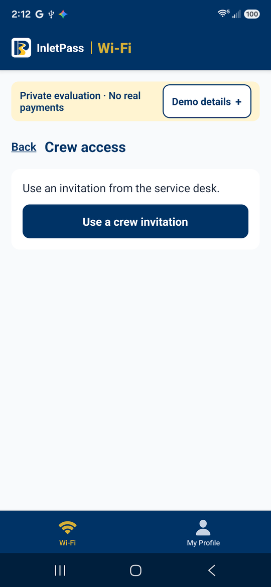 InletPass Android temporary crew invitation options