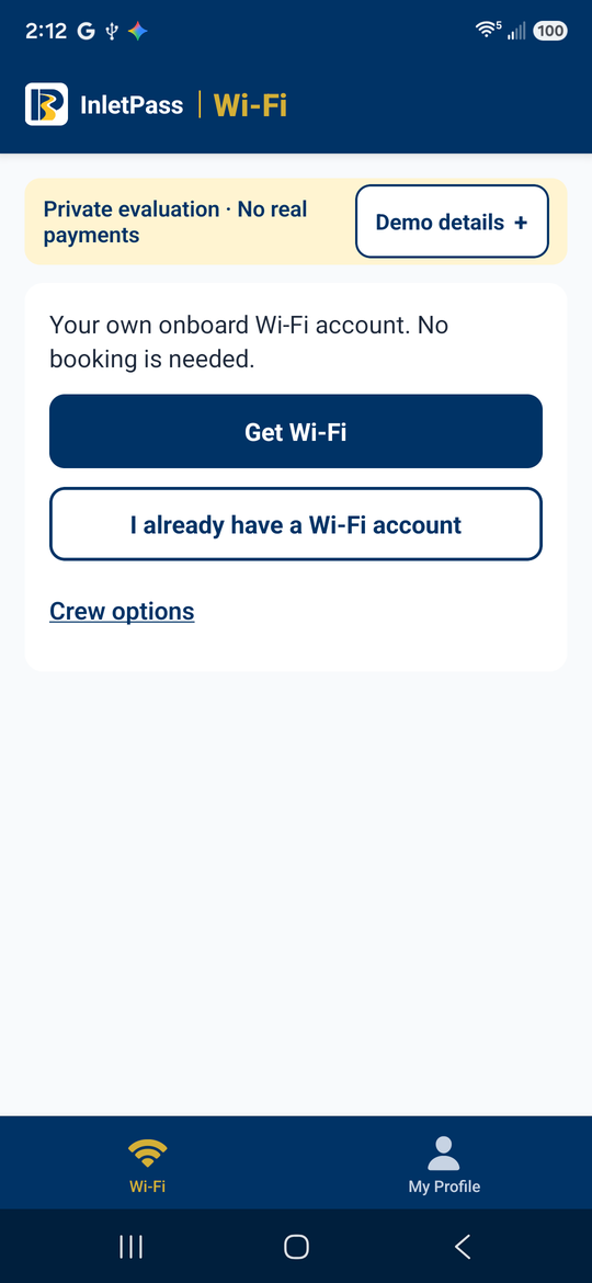InletPass Android account creation and sign-in screen